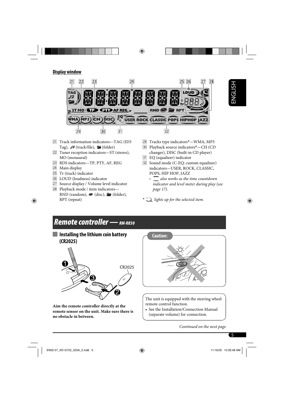 Remote controller, English, Installing the lithium coin battery (cr2025) | JVC KD-G720 User Manual | Page 159 / 256