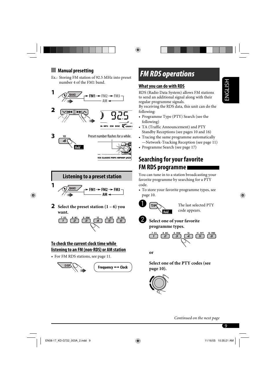 Fm rds operations, Searching for your favorite fm rds programme, English | Listening to a preset station | JVC KD-G720 User Manual | Page 163 / 256