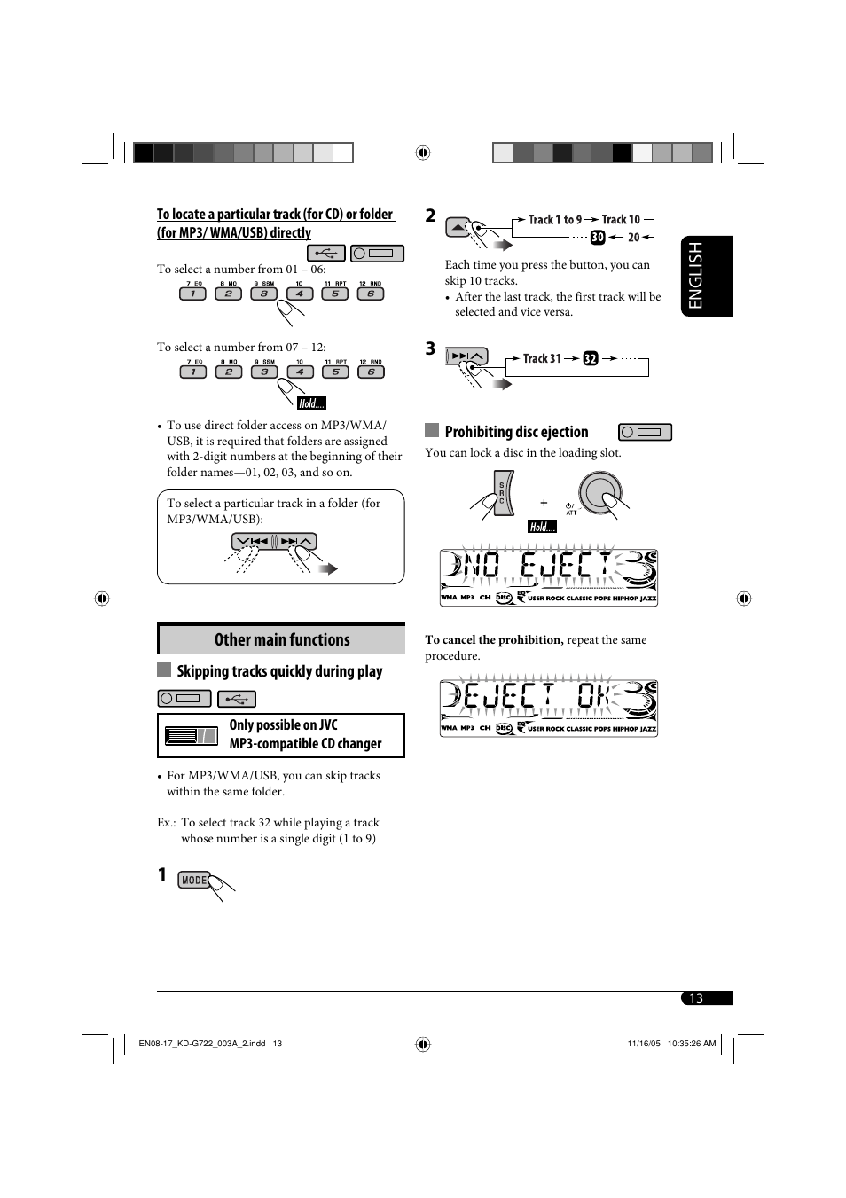 English, Other main functions, Skipping tracks quickly during play | Prohibiting disc ejection | JVC KD-G720 User Manual | Page 167 / 256