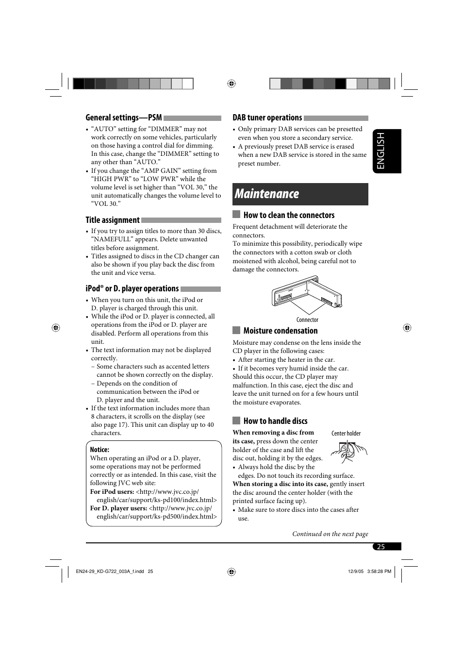 Maintenance, English, General settings—psm | Title assignment, Ipod® or d. player operations, Dab tuner operations, How to clean the connectors, Moisture condensation, How to handle discs | JVC KD-G720 User Manual | Page 179 / 256