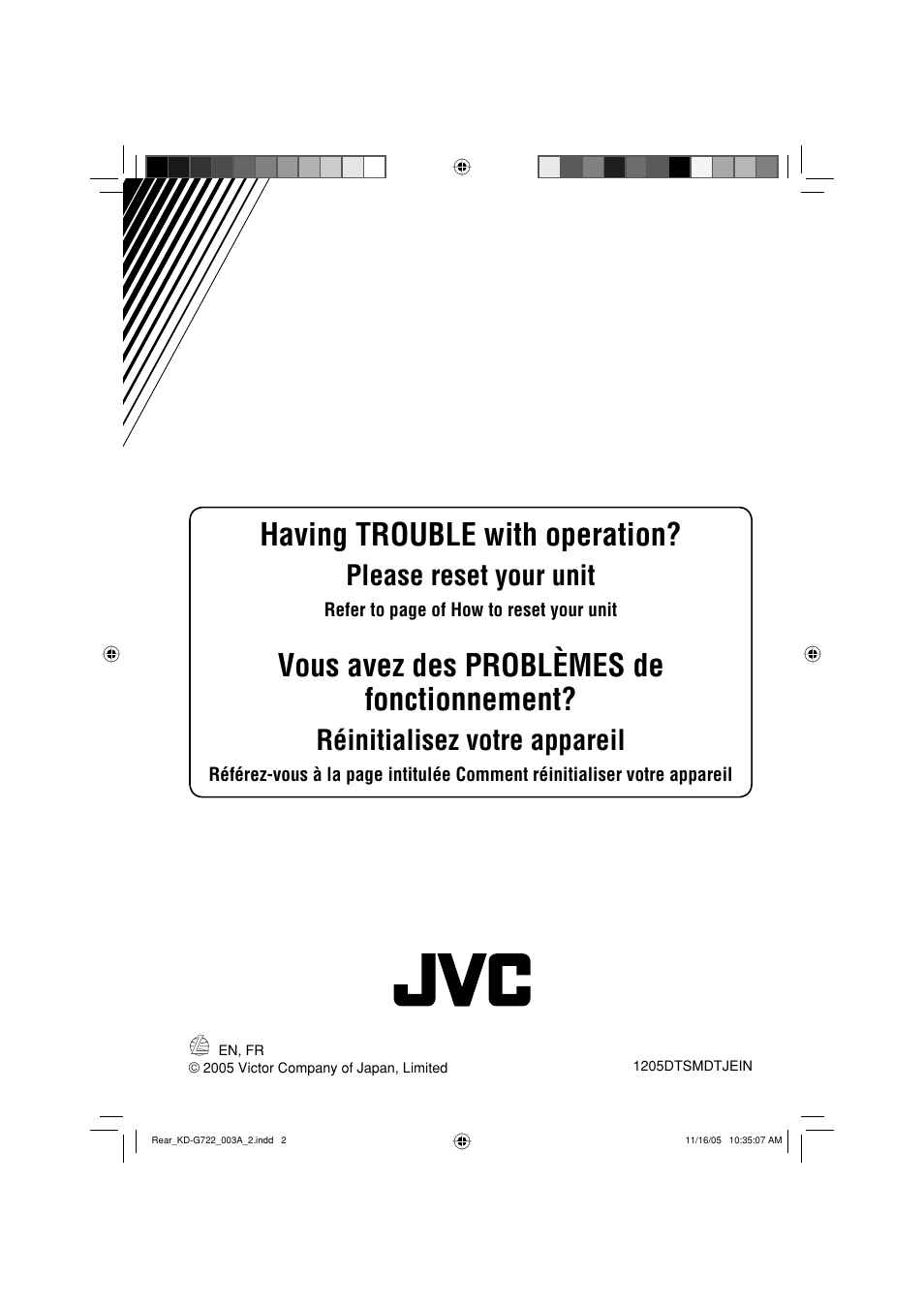 Having trouble with operation, Vous avez des problèmes de fonctionnement, Please reset your unit | Réinitialisez votre appareil | JVC KD-G720 User Manual | Page 184 / 256