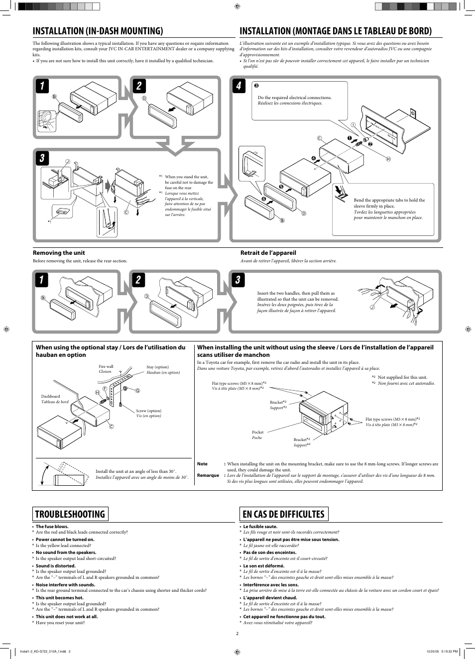 Installation, Troubleshooting, Installation (in-dash mounting) | Installation (montage dans le tableau de bord), En cas de difficultes, Removing the unit, Retrait de l’appareil | JVC KD-G720 User Manual | Page 186 / 256