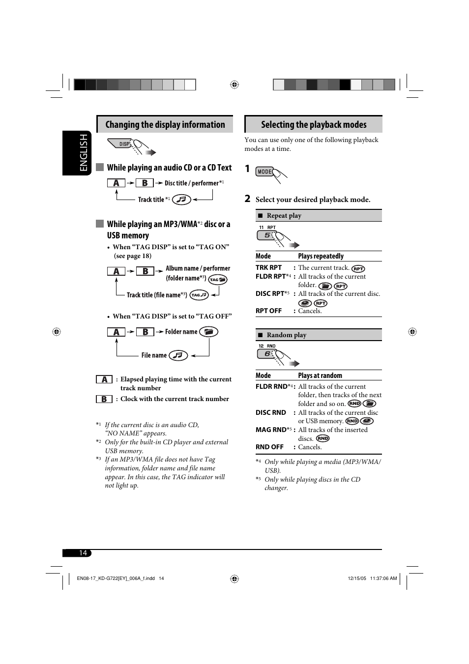 English changing the display information, Selecting the playback modes | JVC KD-G720 User Manual | Page 202 / 256