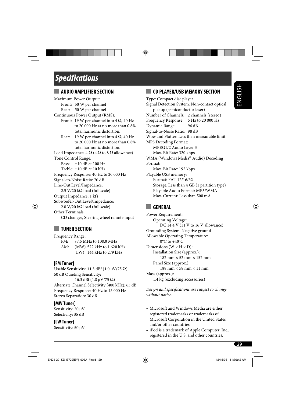 Specifications, English, General | JVC KD-G720 User Manual | Page 217 / 256