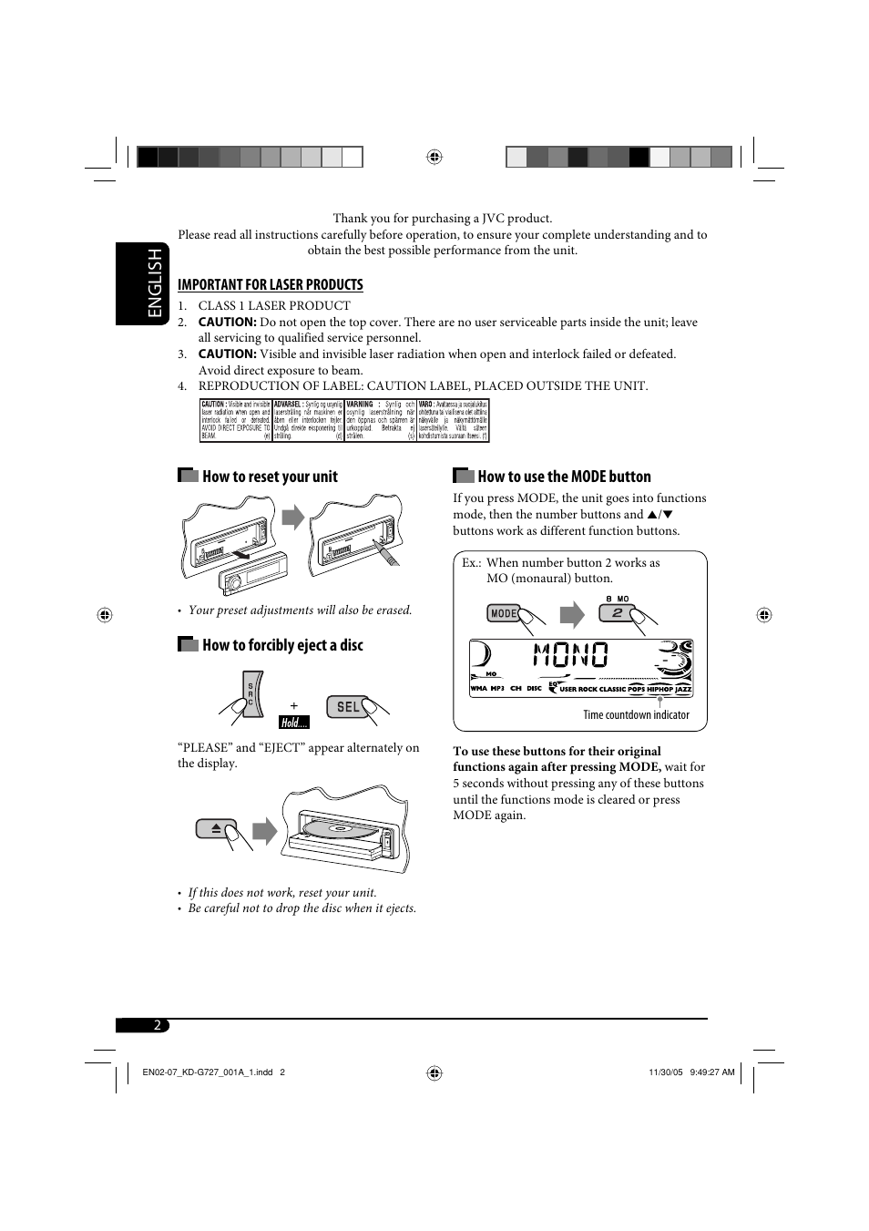 Important for laser products, English, How to use the mode button | How to reset your unit, How to forcibly eject a disc | JVC KD-G720 User Manual | Page 224 / 256