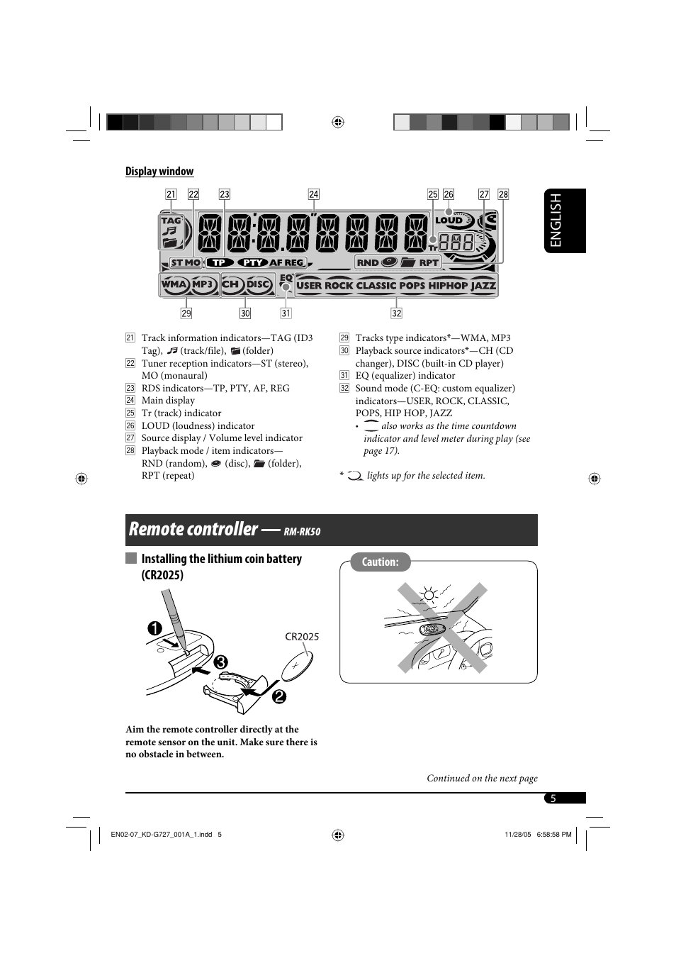 Remote controller, English, Installing the lithium coin battery (cr2025) | JVC KD-G720 User Manual | Page 227 / 256