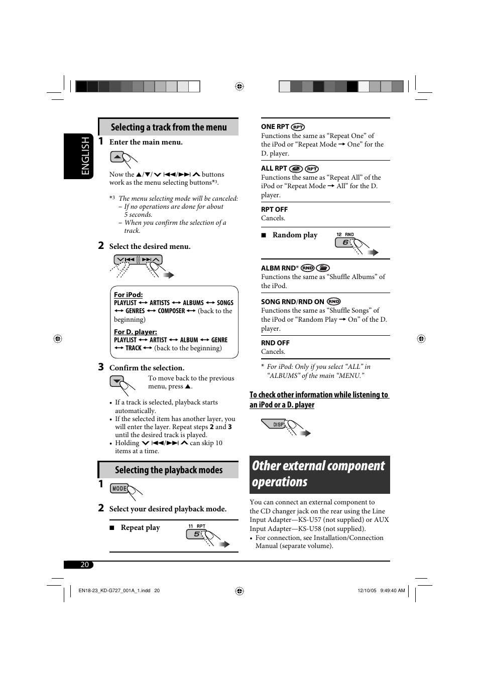 Other external component operations, English, Selecting a track from the menu | Selecting the playback modes | JVC KD-G720 User Manual | Page 242 / 256