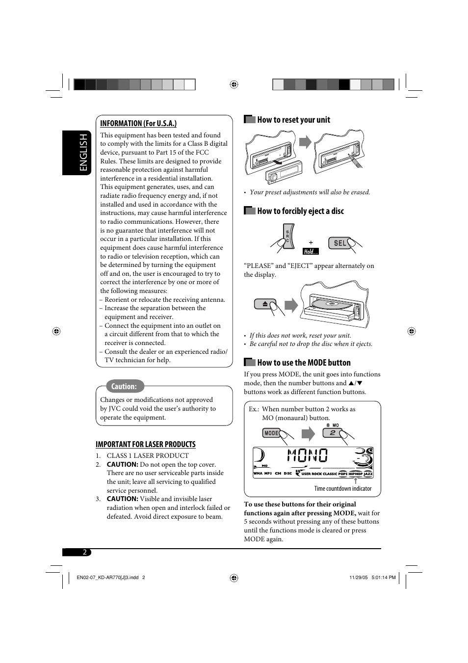 English, How to reset your unit, How to forcibly eject a disc | How to use the mode button | JVC KD-G720 User Manual | Page 32 / 256