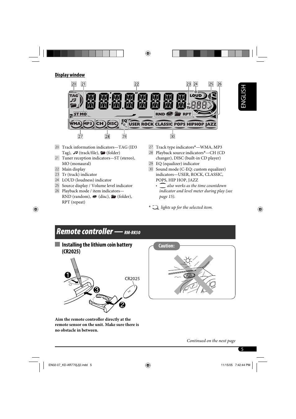 Remote controller, English, Installing the lithium coin battery (cr2025) | JVC KD-G720 User Manual | Page 35 / 256