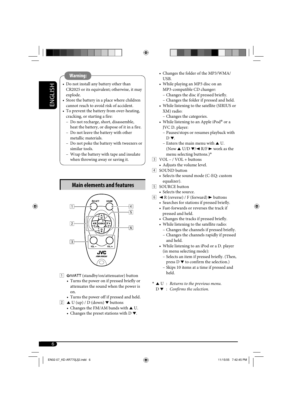 English, Main elements and features | JVC KD-G720 User Manual | Page 36 / 256