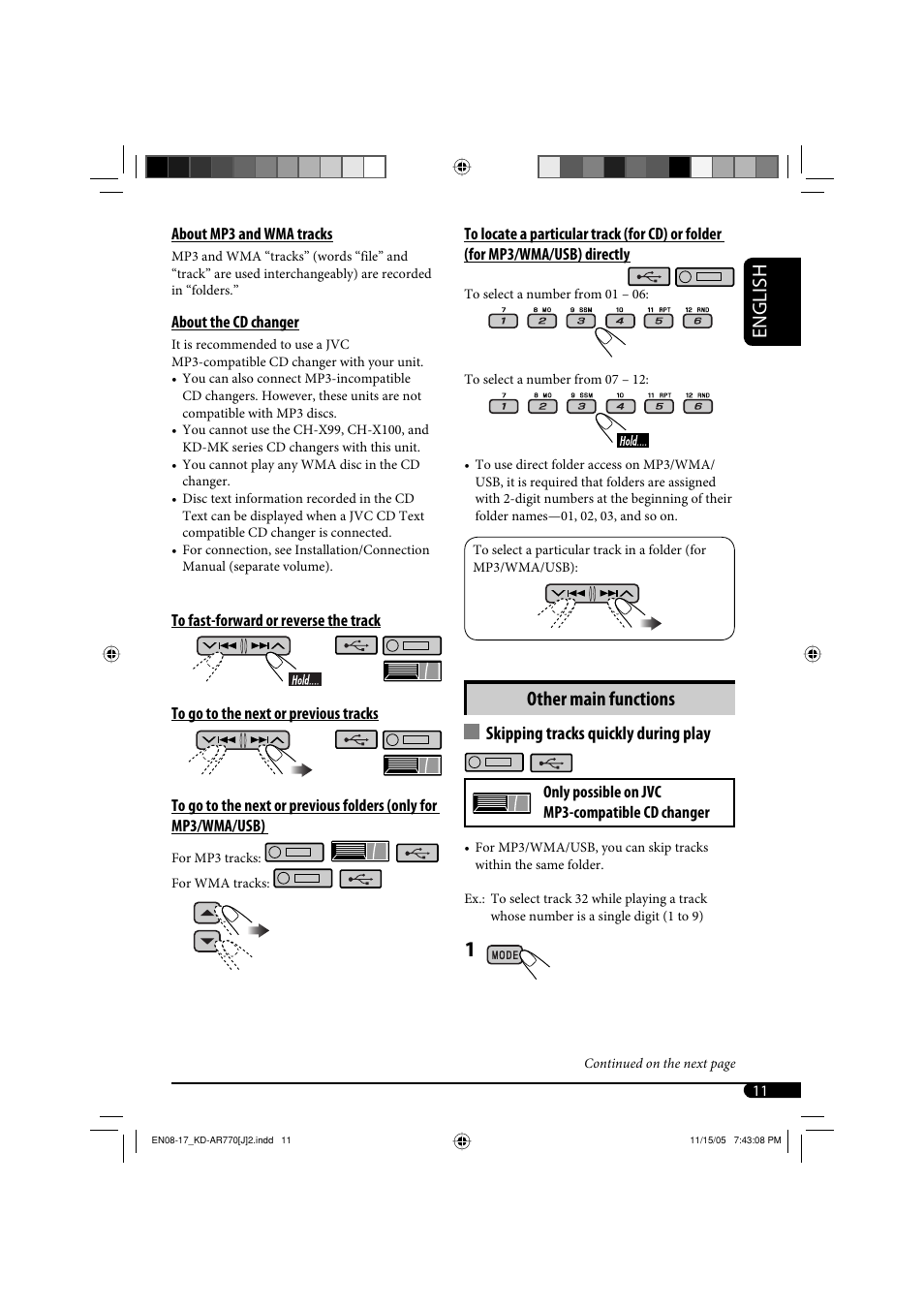 English, Other main functions, Skipping tracks quickly during play | JVC KD-G720 User Manual | Page 41 / 256