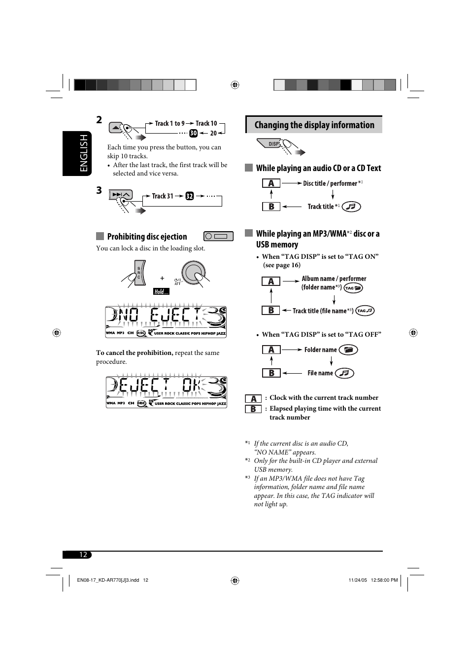 English changing the display information, Prohibiting disc ejection | JVC KD-G720 User Manual | Page 42 / 256