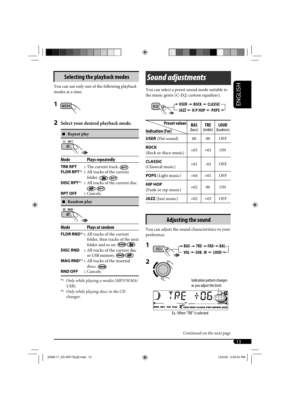 Sound adjustments, English selecting the playback modes, Adjusting the sound | JVC KD-G720 User Manual | Page 43 / 256