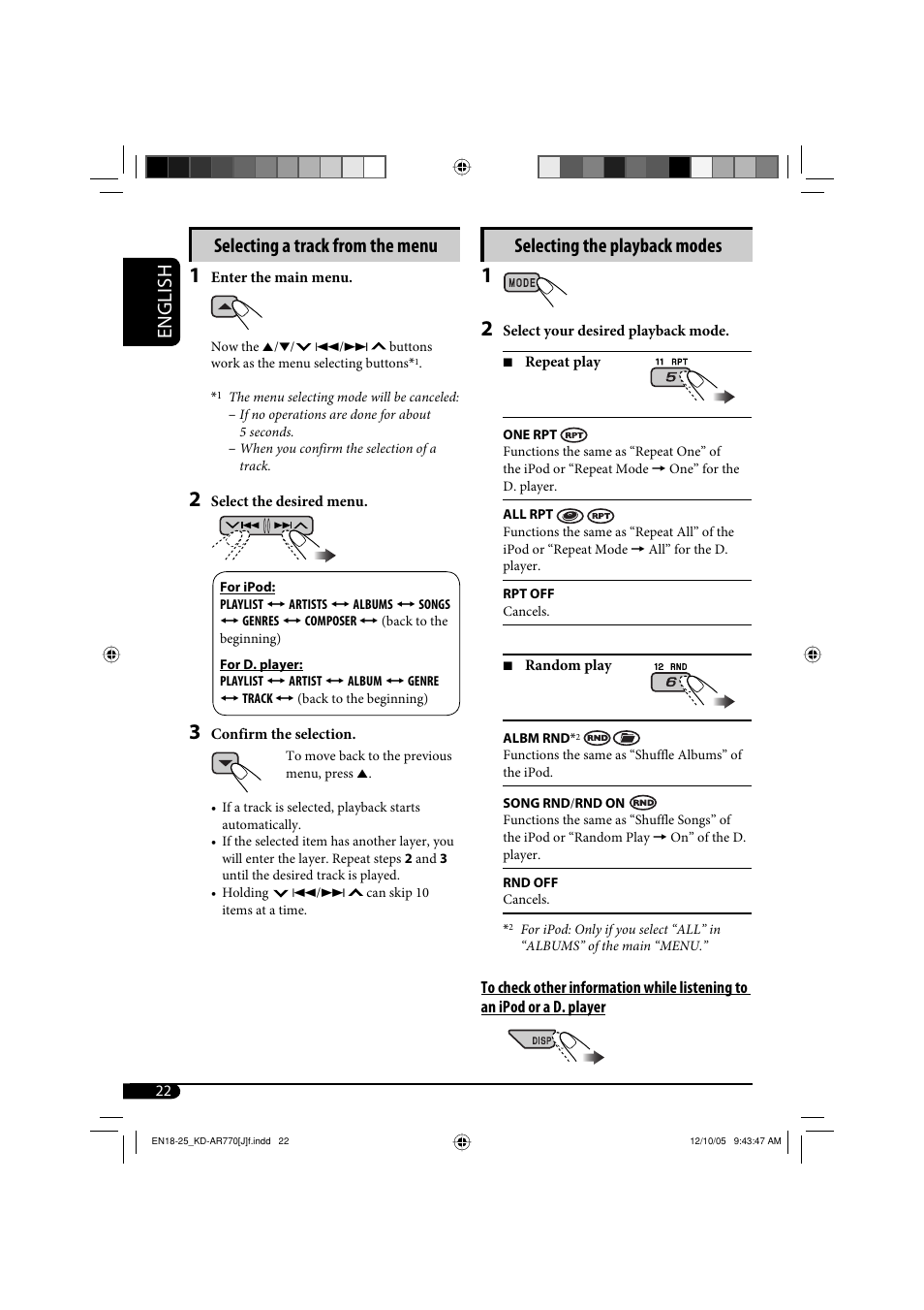 English selecting the playback modes, Selecting a track from the menu | JVC KD-G720 User Manual | Page 52 / 256