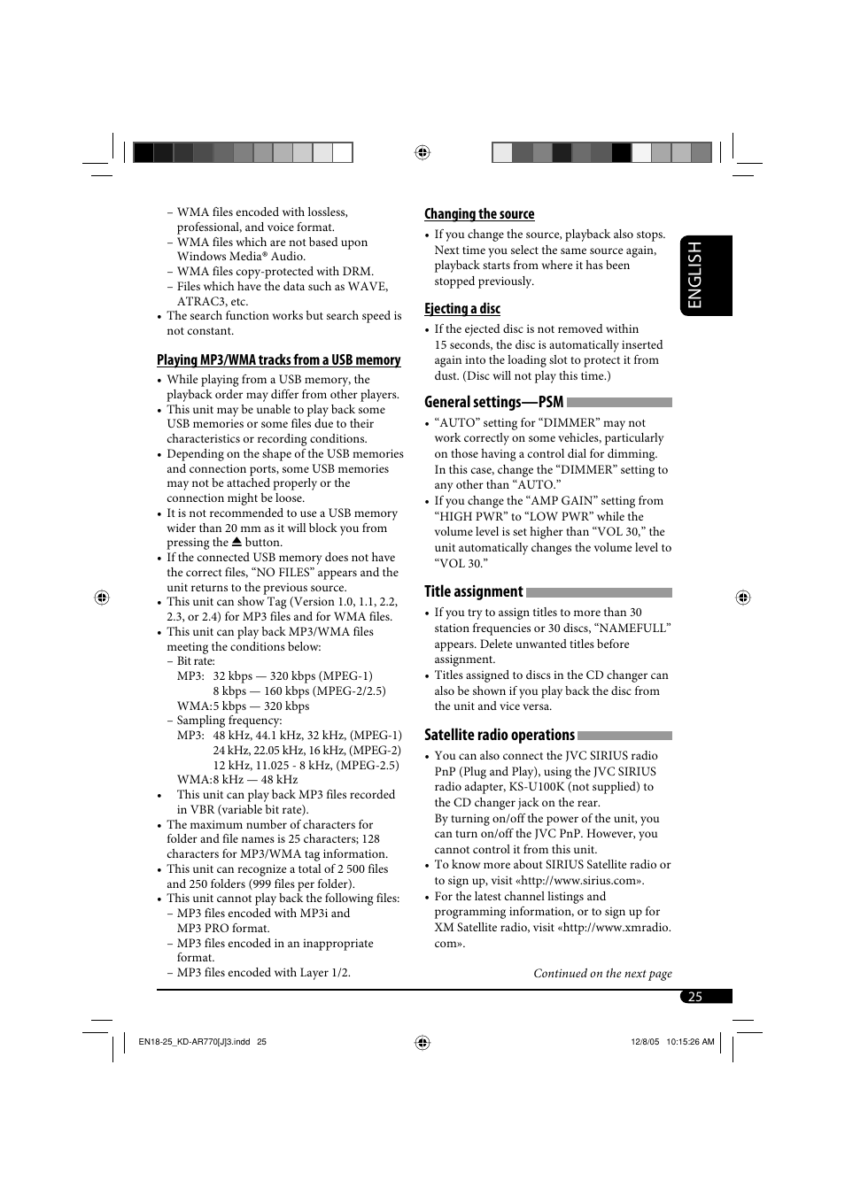 English, General settings—psm, Title assignment | Satellite radio operations | JVC KD-G720 User Manual | Page 55 / 256