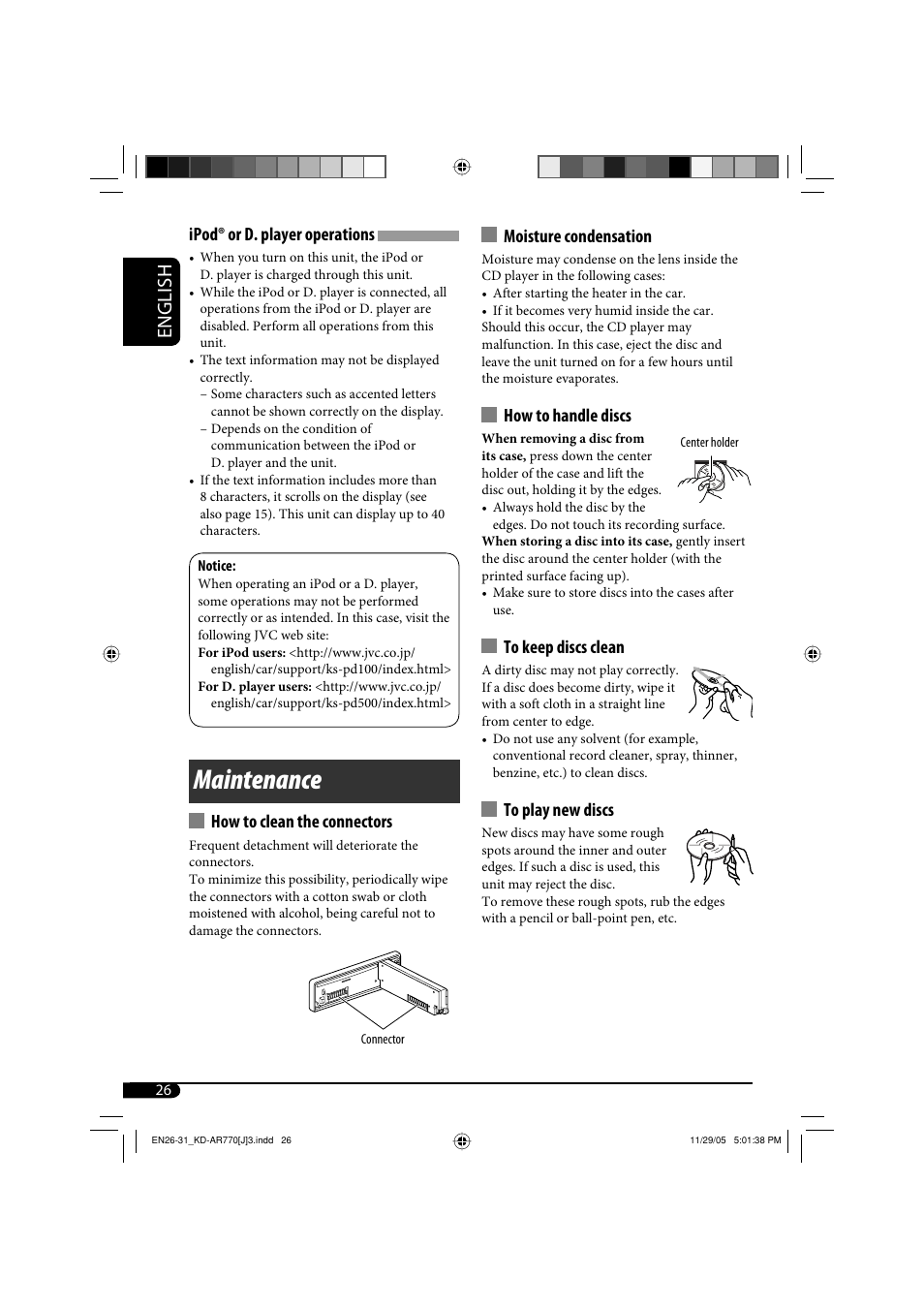 Maintenance, English, Ipod® or d. player operations | How to clean the connectors, Moisture condensation, How to handle discs | JVC KD-G720 User Manual | Page 56 / 256