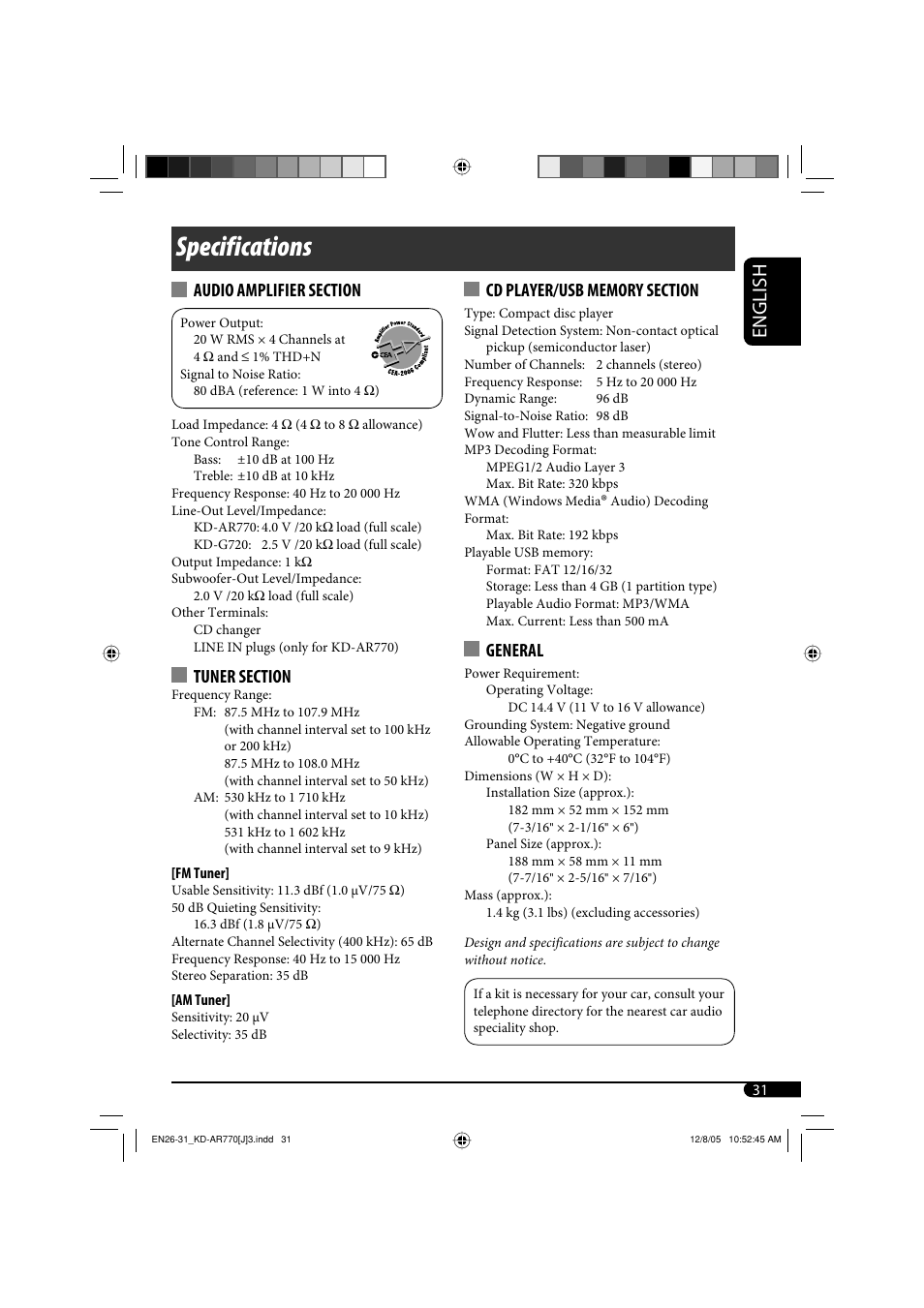 Specifications, English, General | JVC KD-G720 User Manual | Page 61 / 256