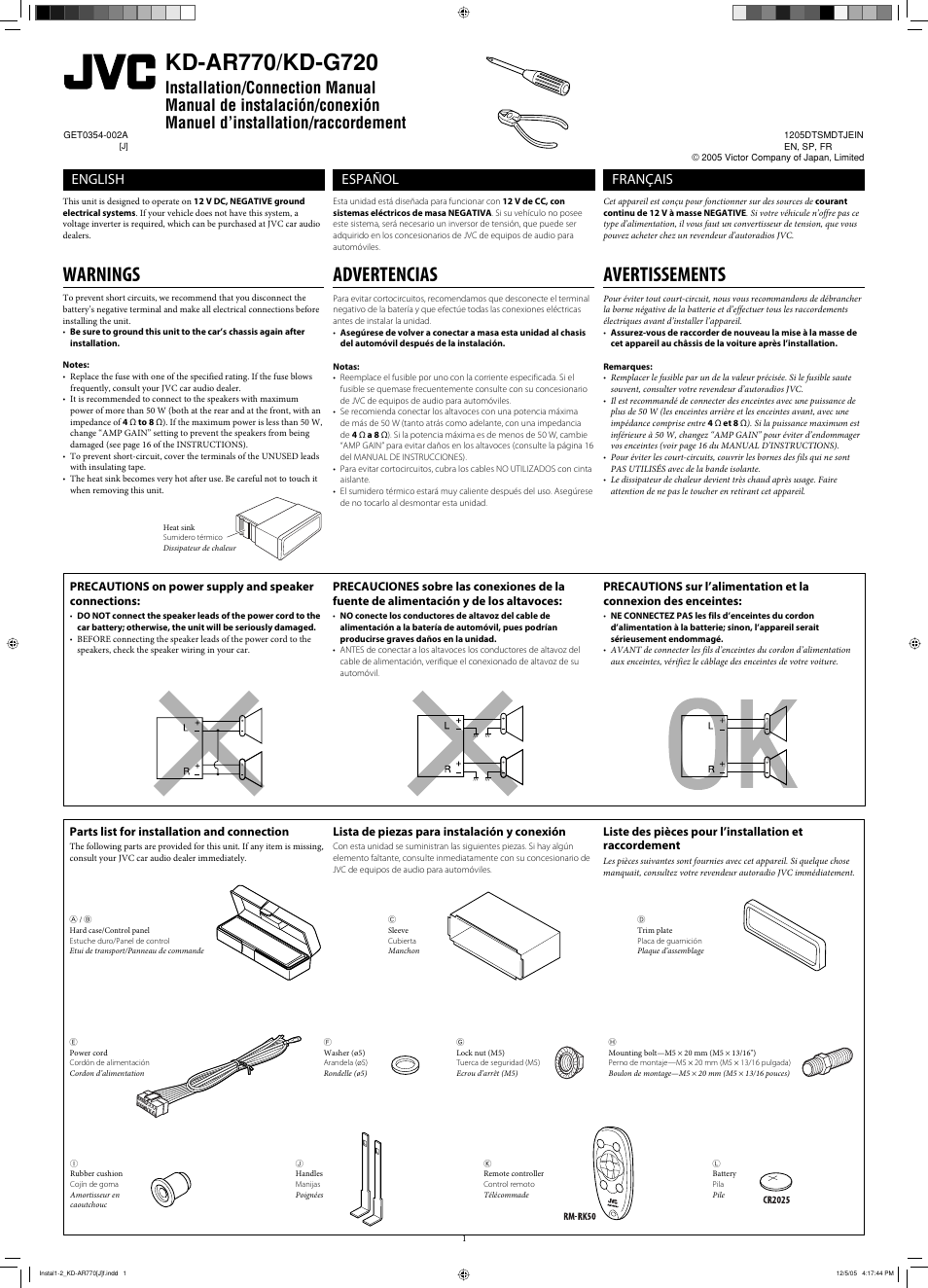 Installation/connection manual, Warnings, Advertencias | Avertissements, English, Español, Français, Parts list for installation and connection, Lista de piezas para instalación y conexión | JVC KD-G720 User Manual | Page 63 / 256