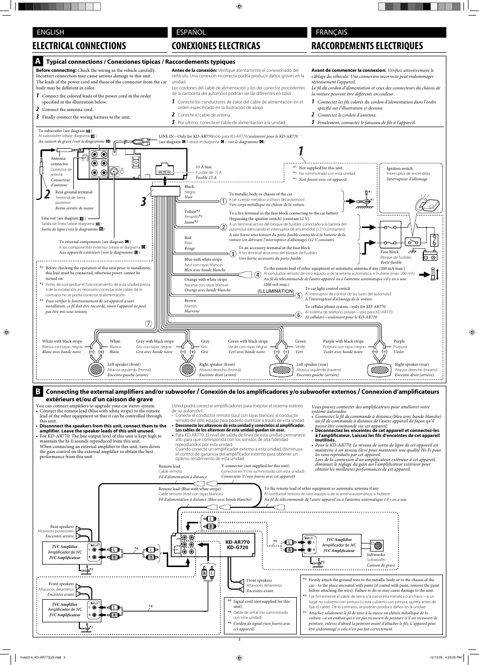 Electrical connections, English, Español français | JVC KD-G720 User Manual | Page 65 / 256