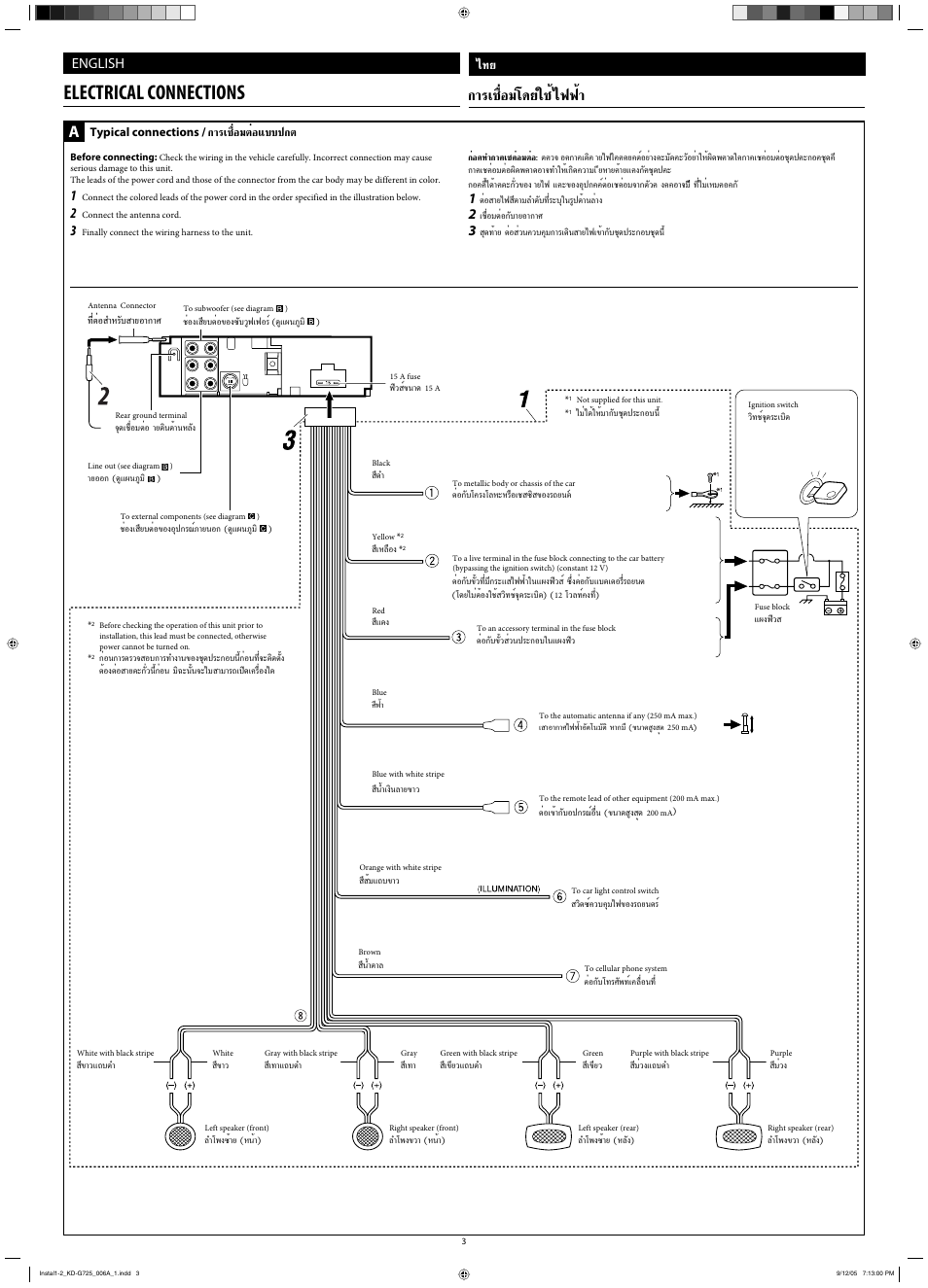 Electrical connections, Лх¡‚¥¬„™и ‰шши, English | Ëõ¡µëõ·∫∫ª°µ, Typical connections, Ëµëõ ”а√—∫ “¬х | JVC KD-G720 User Manual | Page 95 / 256