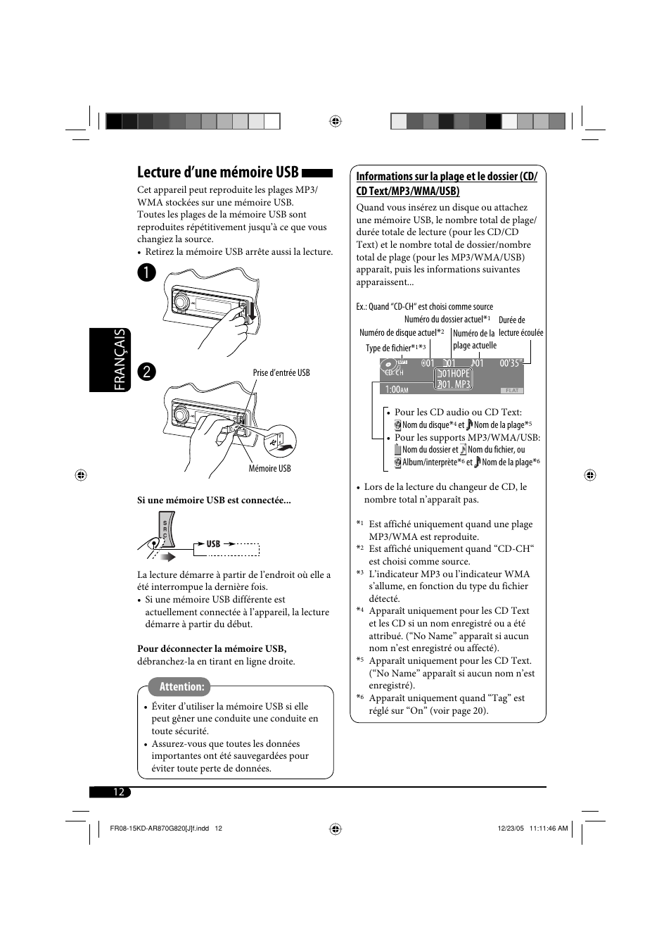 Lecture d’une mémoire usb, Français, Attention | JVC KD-AR870 User Manual | Page 100 / 135