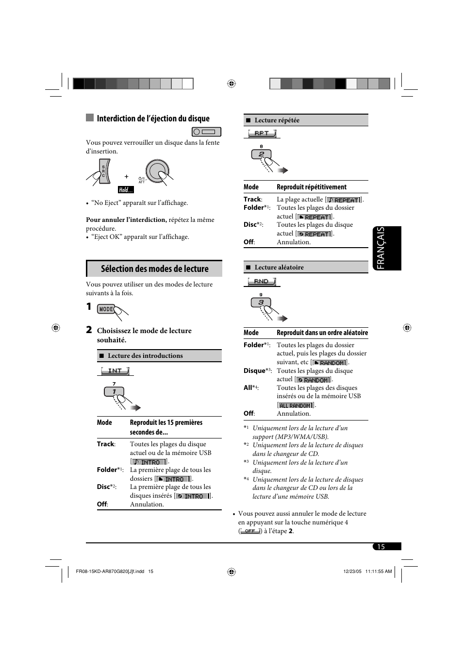 Français, Sélection des modes de lecture, Interdiction de l’éjection du disque | JVC KD-AR870 User Manual | Page 103 / 135