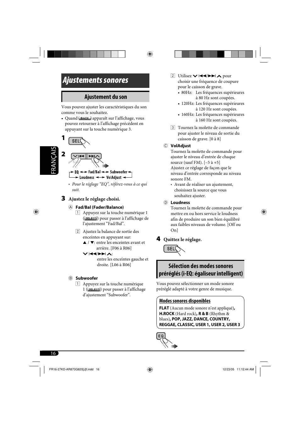 Ajustements sonores, Français, Ajustement du son | JVC KD-AR870 User Manual | Page 104 / 135