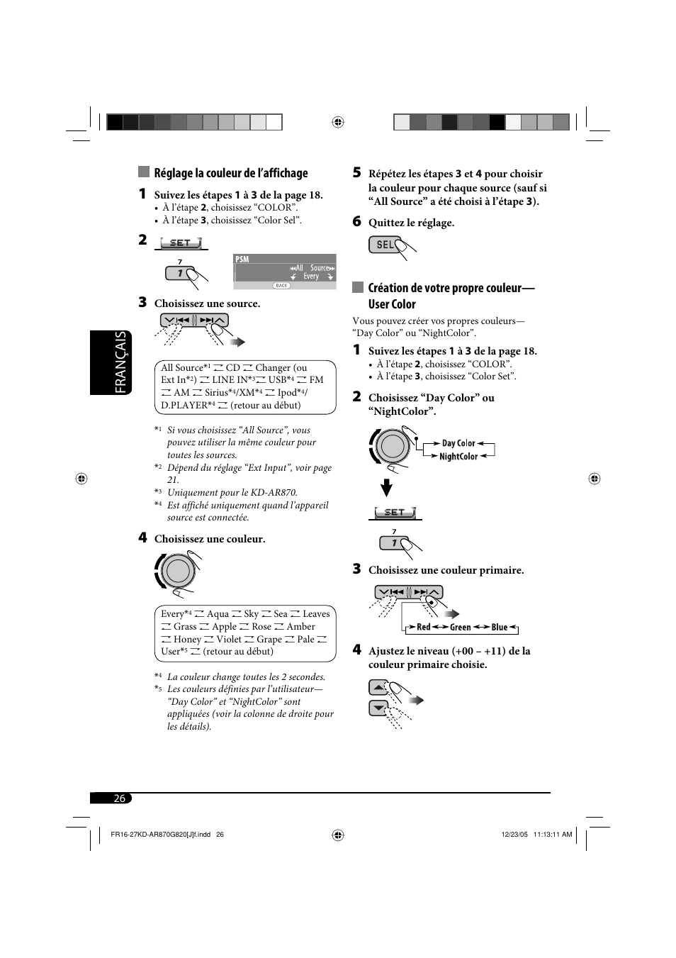 Français, Création de votre propre couleur— user color, Réglage la couleur de l’affichage | JVC KD-AR870 User Manual | Page 114 / 135