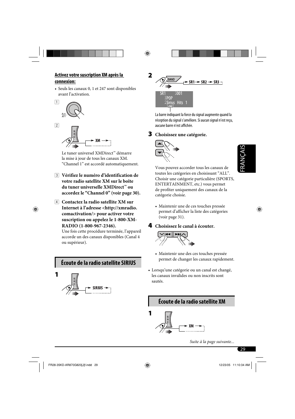 Français, Écoute de la radio satellite xm, Écoute de la radio satellite sirius | JVC KD-AR870 User Manual | Page 117 / 135