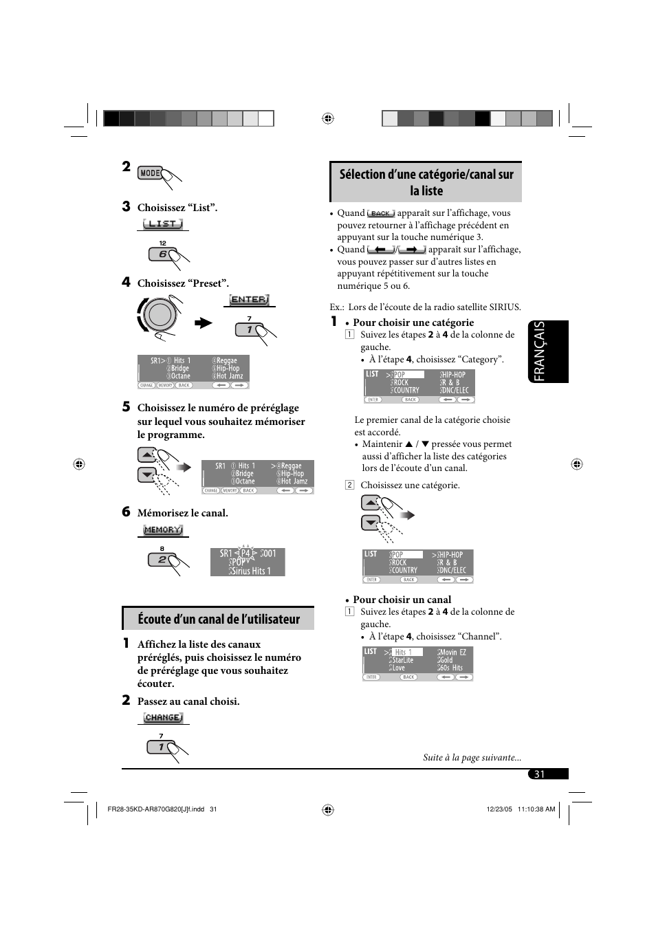 Français, Écoute d’un canal de l’utilisateur, Sélection d’une catégorie/canal sur la liste | JVC KD-AR870 User Manual | Page 119 / 135