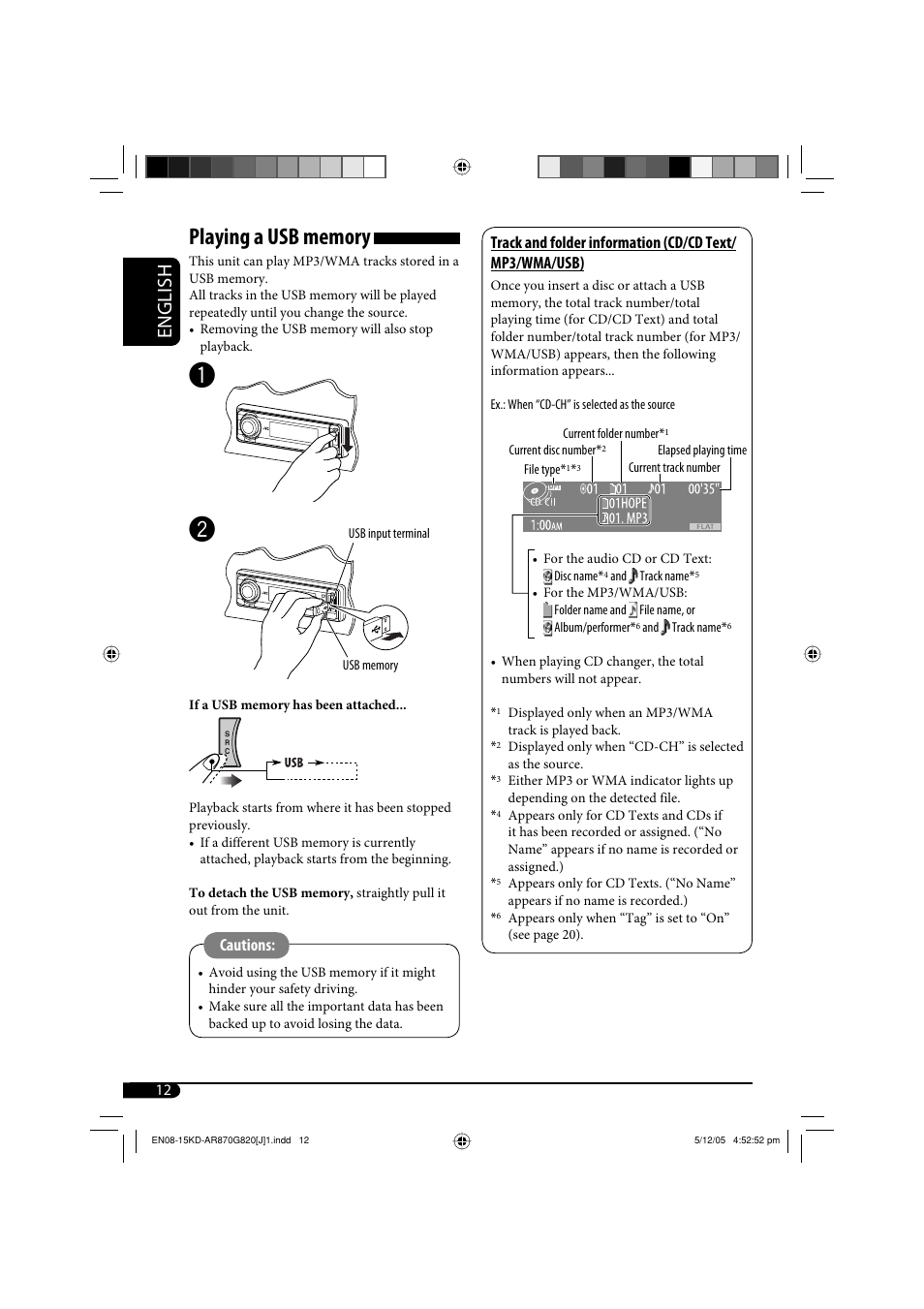 English, Cautions | JVC KD-AR870 User Manual | Page 12 / 135