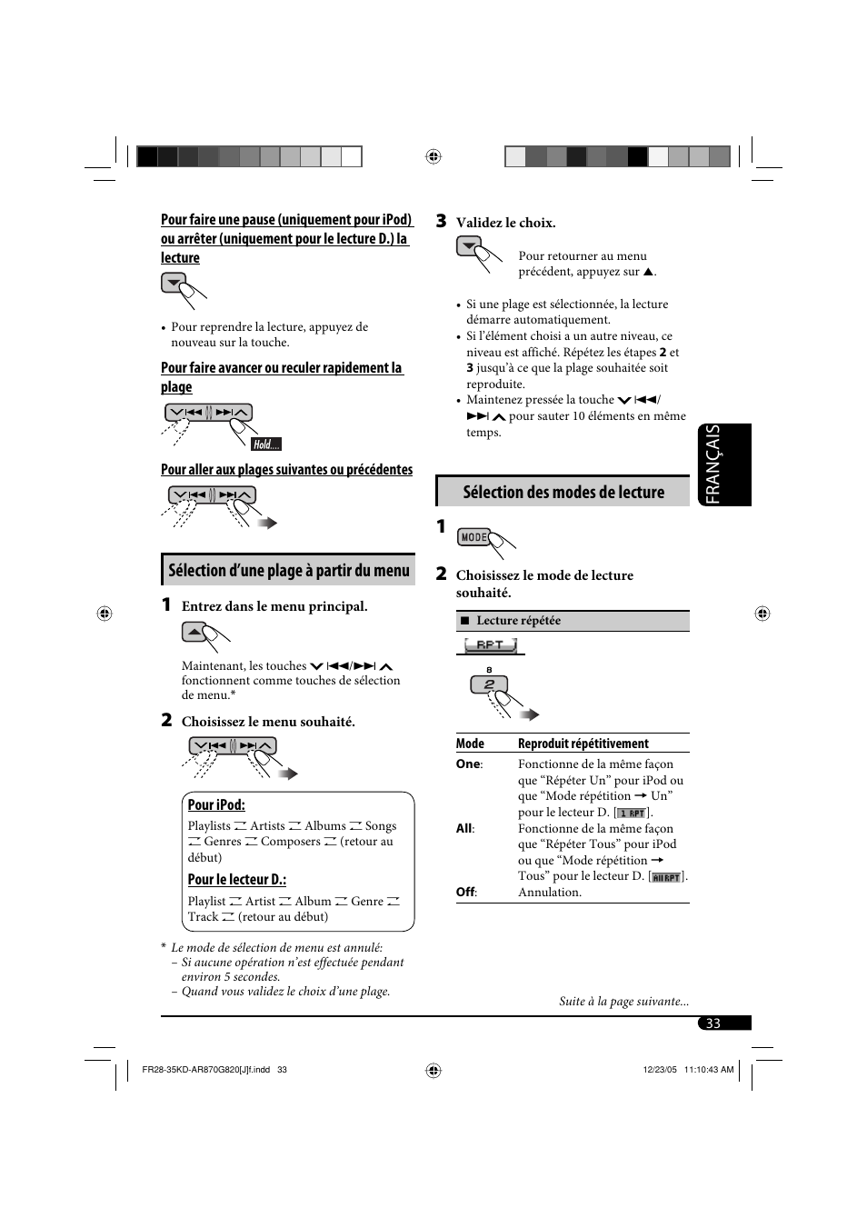 Français, Sélection d’une plage à partir du menu, Sélection des modes de lecture | JVC KD-AR870 User Manual | Page 121 / 135