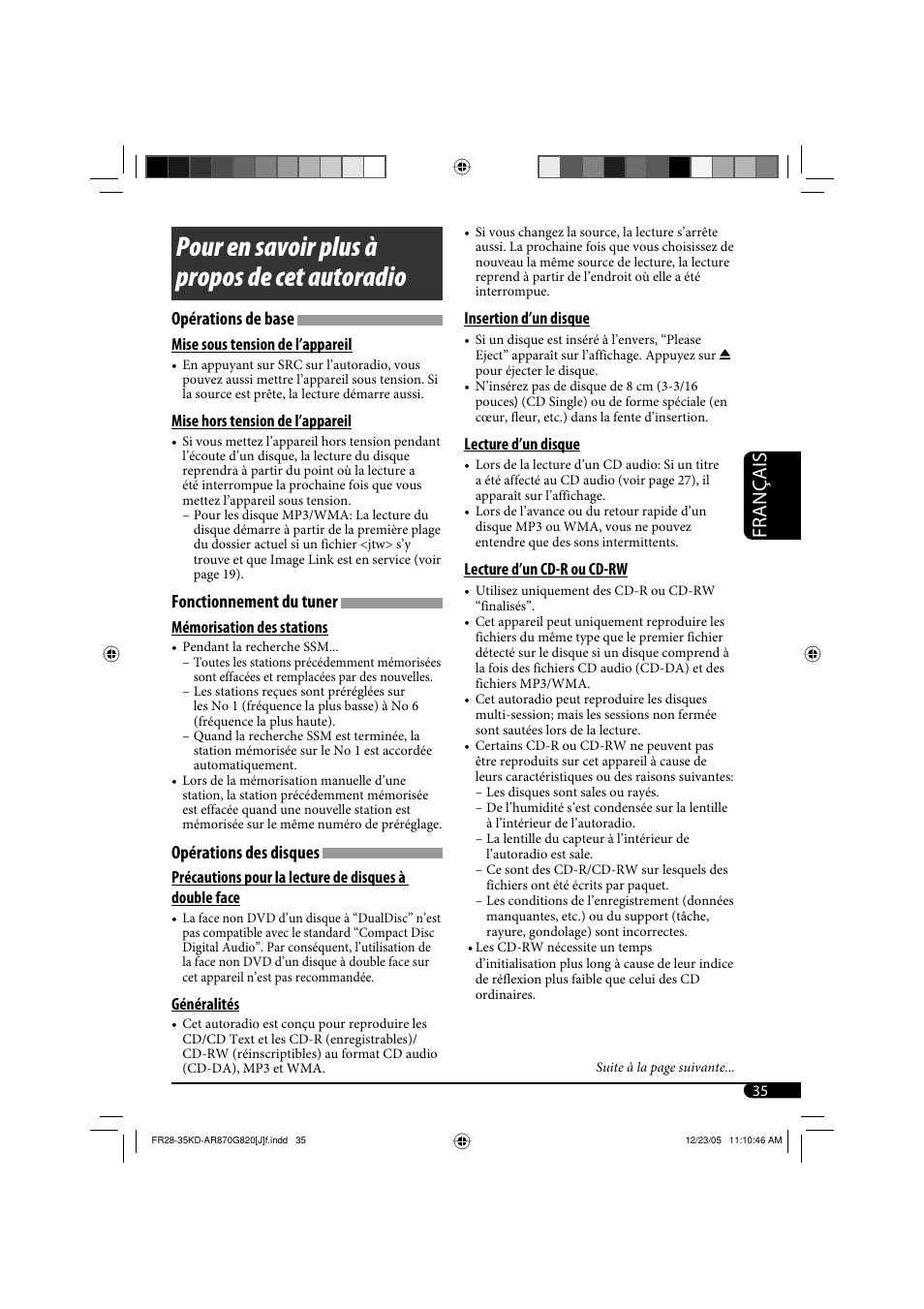 Pour en savoir plus à propos de cet autoradio, Français, Opérations de base | Fonctionnement du tuner, Opérations des disques | JVC KD-AR870 User Manual | Page 123 / 135