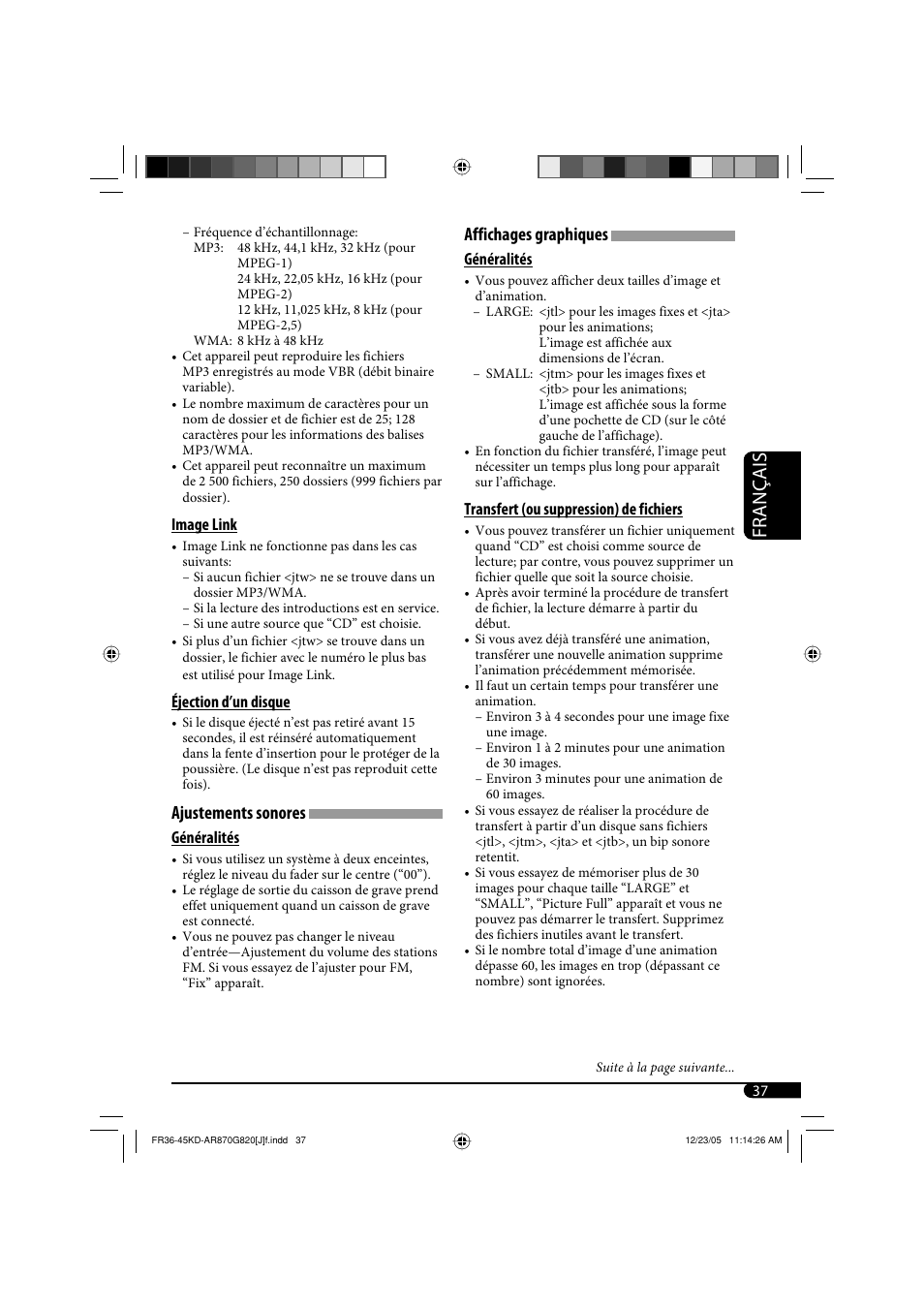 Français, Affichages graphiques, Ajustements sonores | JVC KD-AR870 User Manual | Page 125 / 135