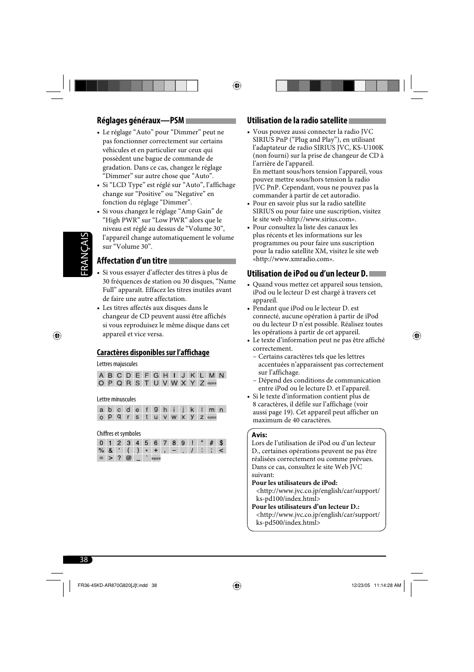 Français, Utilisation de la radio satellite, Utilisation de ipod ou d’un lecteur d | Réglages généraux—psm, Affectation d’un titre | JVC KD-AR870 User Manual | Page 126 / 135