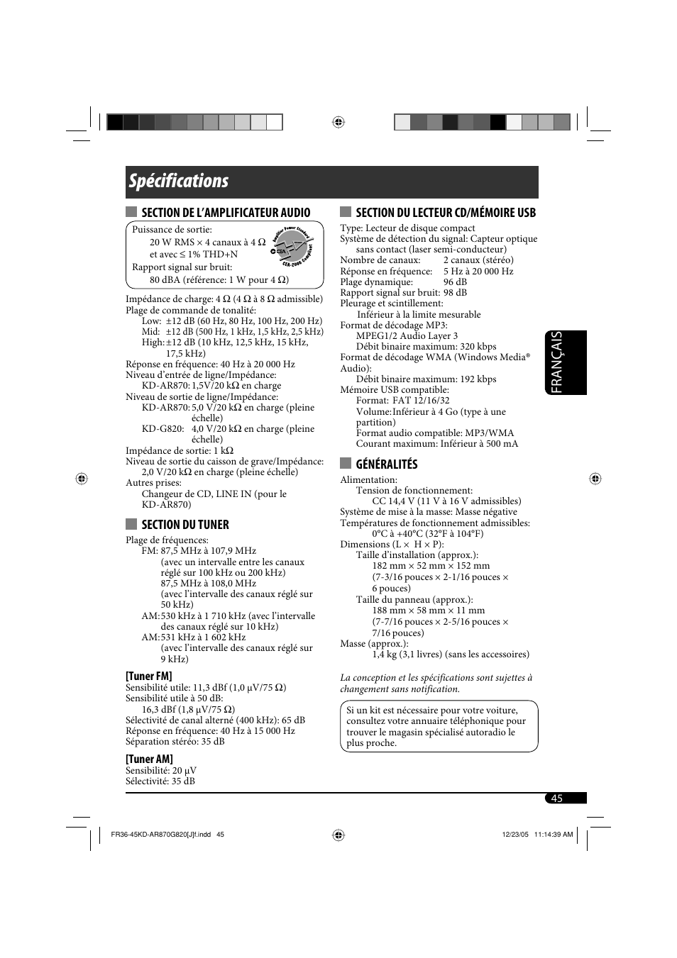 Spécifications, Français, Généralités | JVC KD-AR870 User Manual | Page 133 / 135