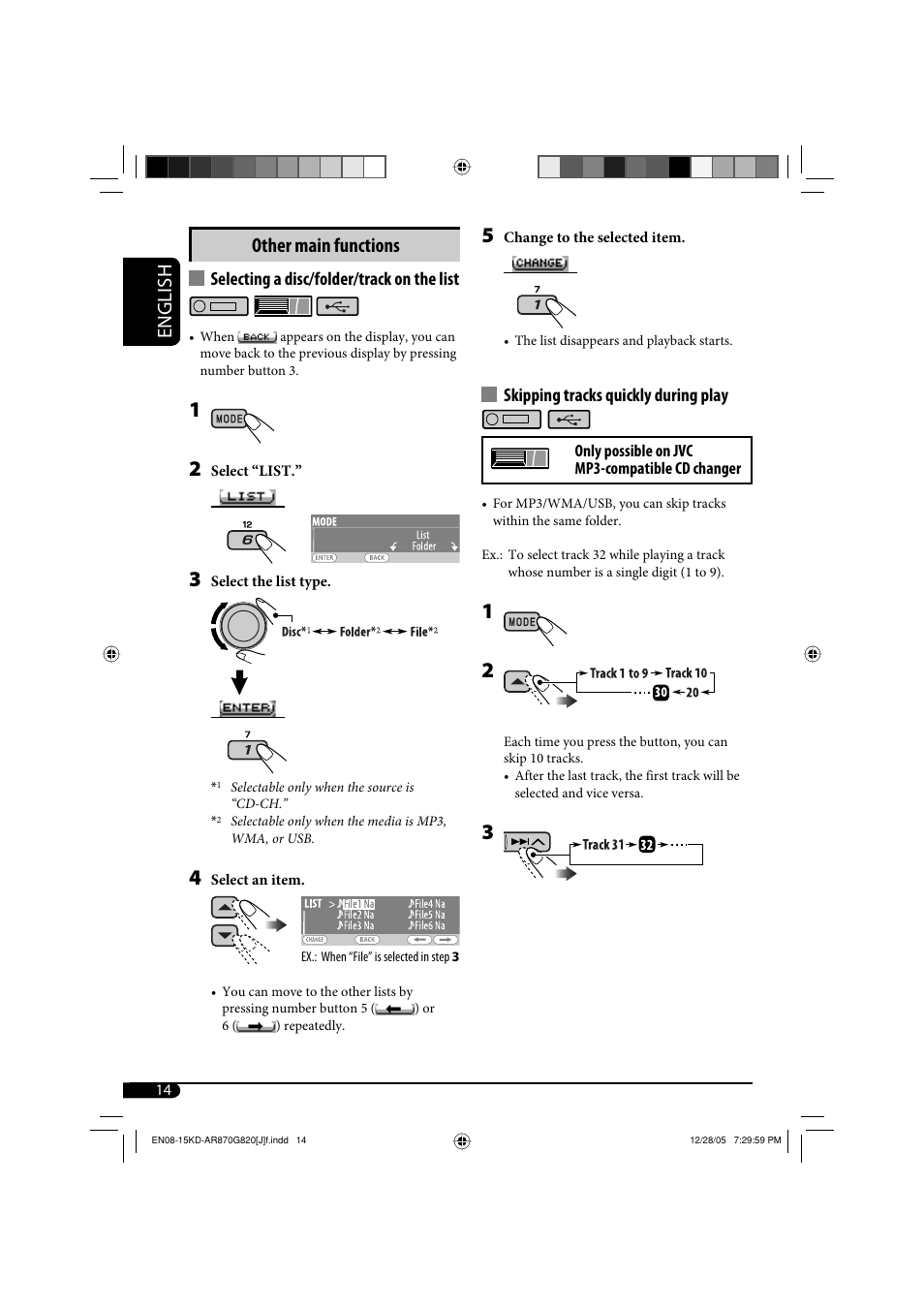 English, Other main functions, Skipping tracks quickly during play | Selecting a disc/folder/track on the list | JVC KD-AR870 User Manual | Page 14 / 135