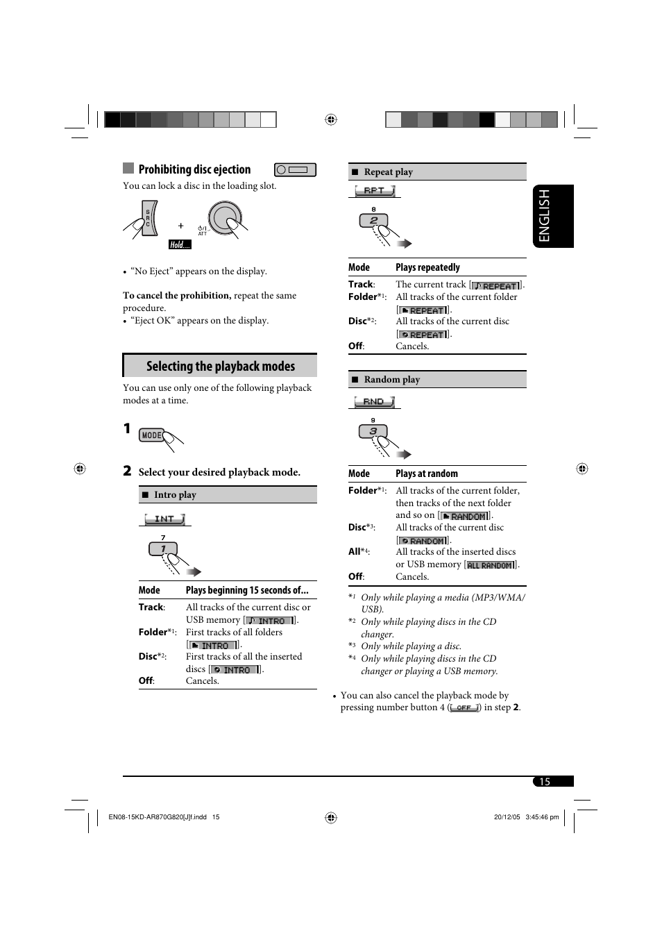 English, Selecting the playback modes, Prohibiting disc ejection | JVC KD-AR870 User Manual | Page 15 / 135