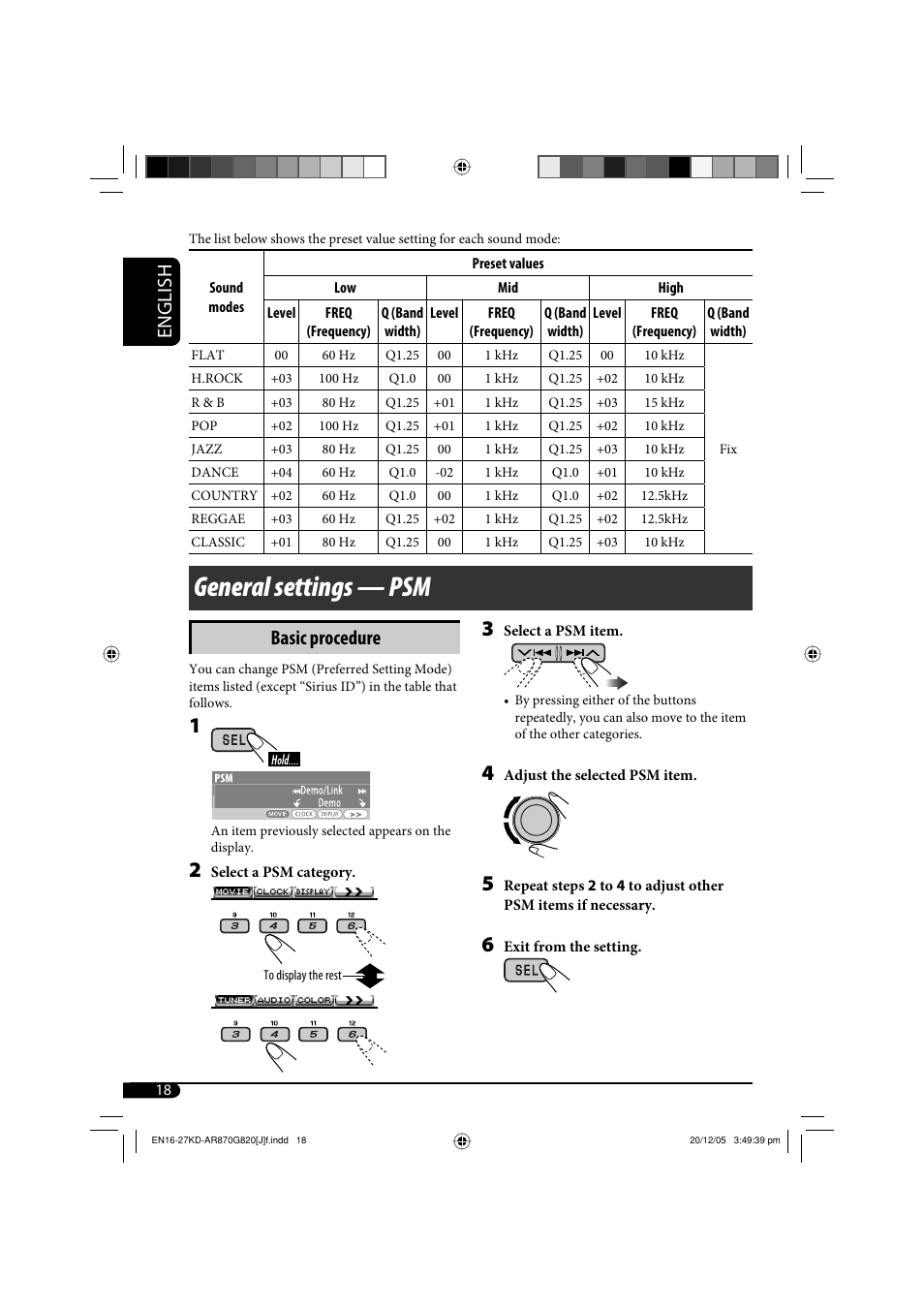 General settings — psm, English, Basic procedure | JVC KD-AR870 User Manual | Page 18 / 135