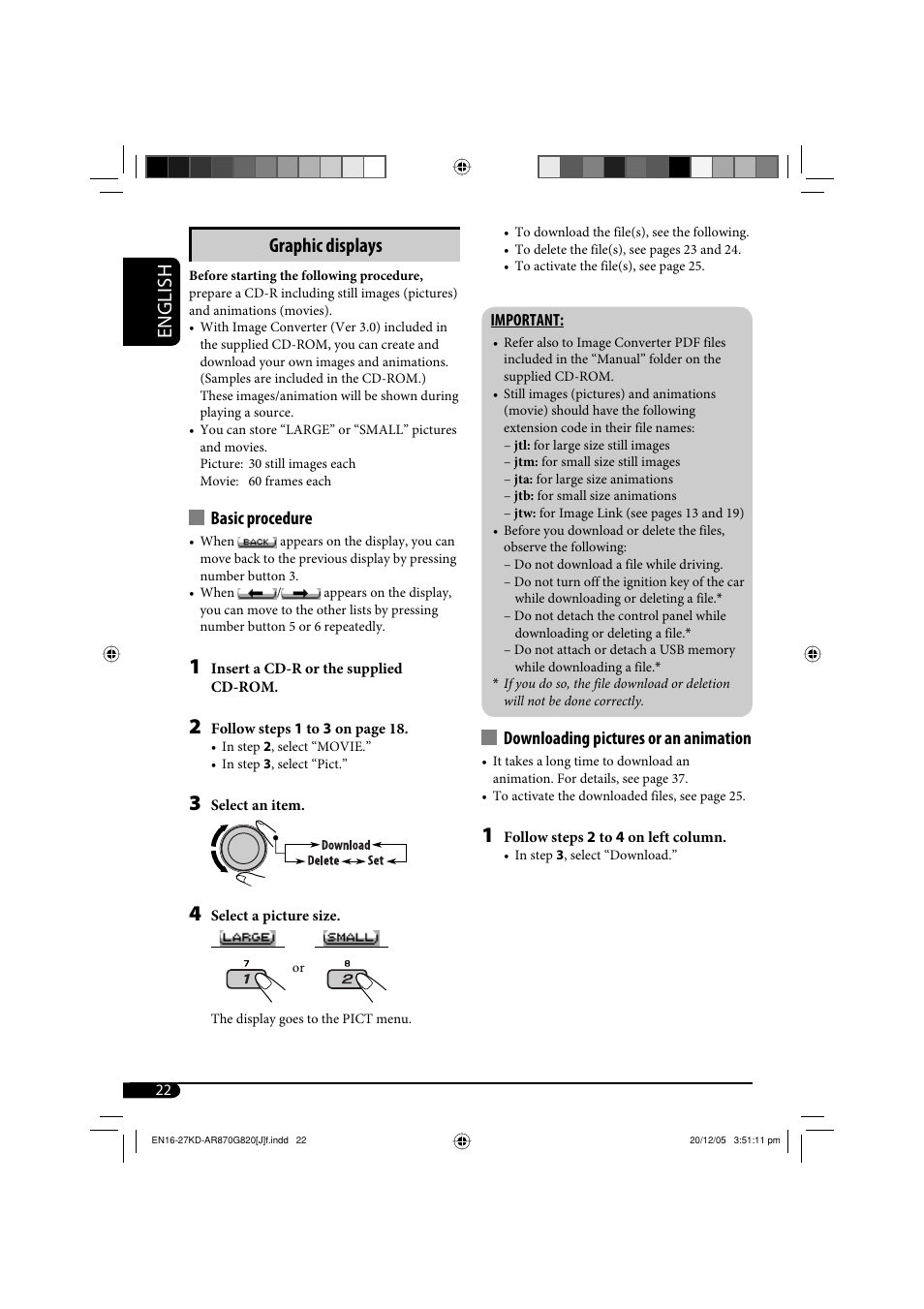 English, Graphic displays, Downloading pictures or an animation | Basic procedure | JVC KD-AR870 User Manual | Page 22 / 135