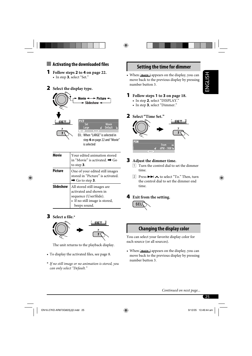 English, Setting the time for dimmer, Changing the display color | Activating the downloaded files | JVC KD-AR870 User Manual | Page 25 / 135