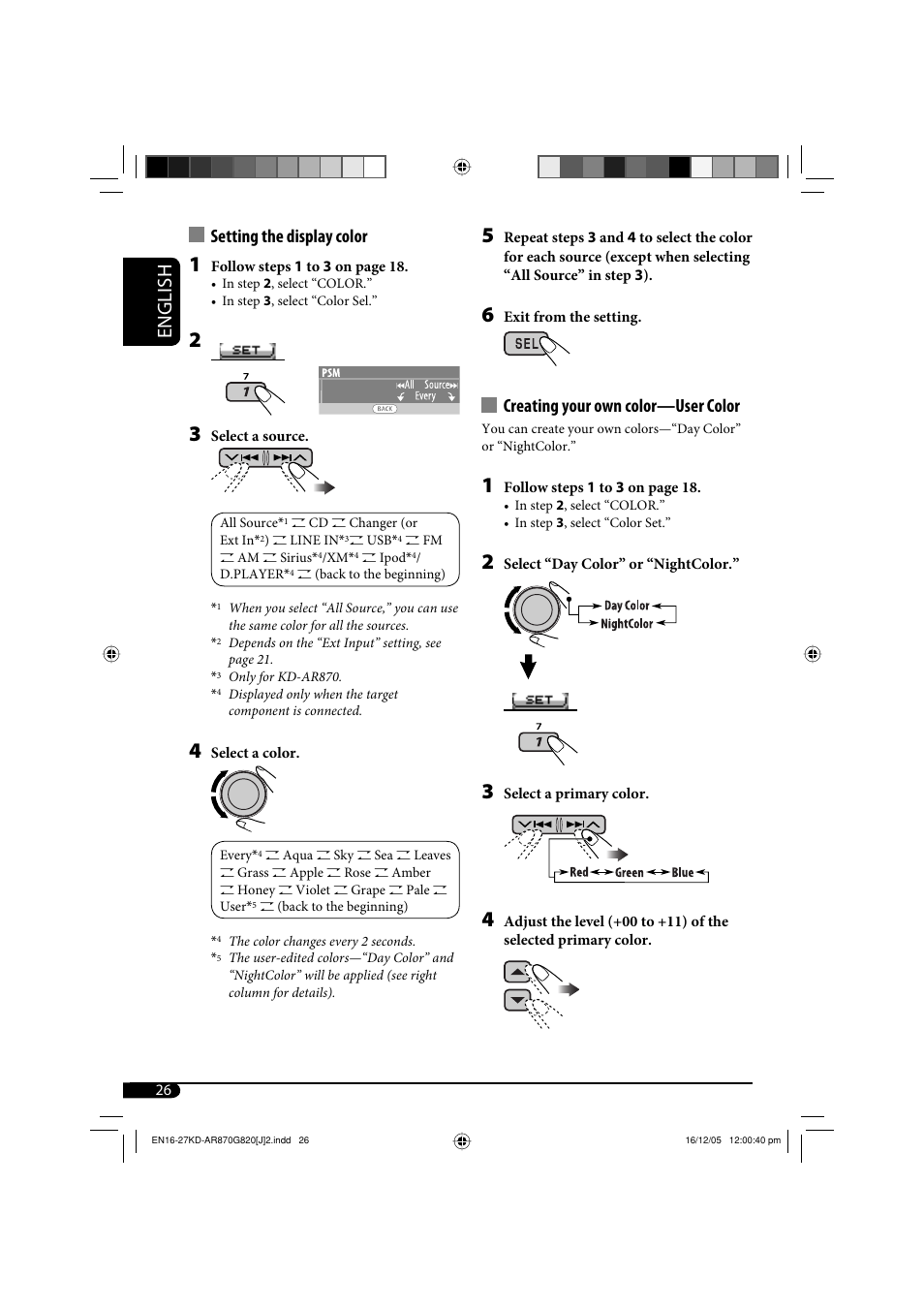 English, Creating your own color—user color, Setting the display color | JVC KD-AR870 User Manual | Page 26 / 135