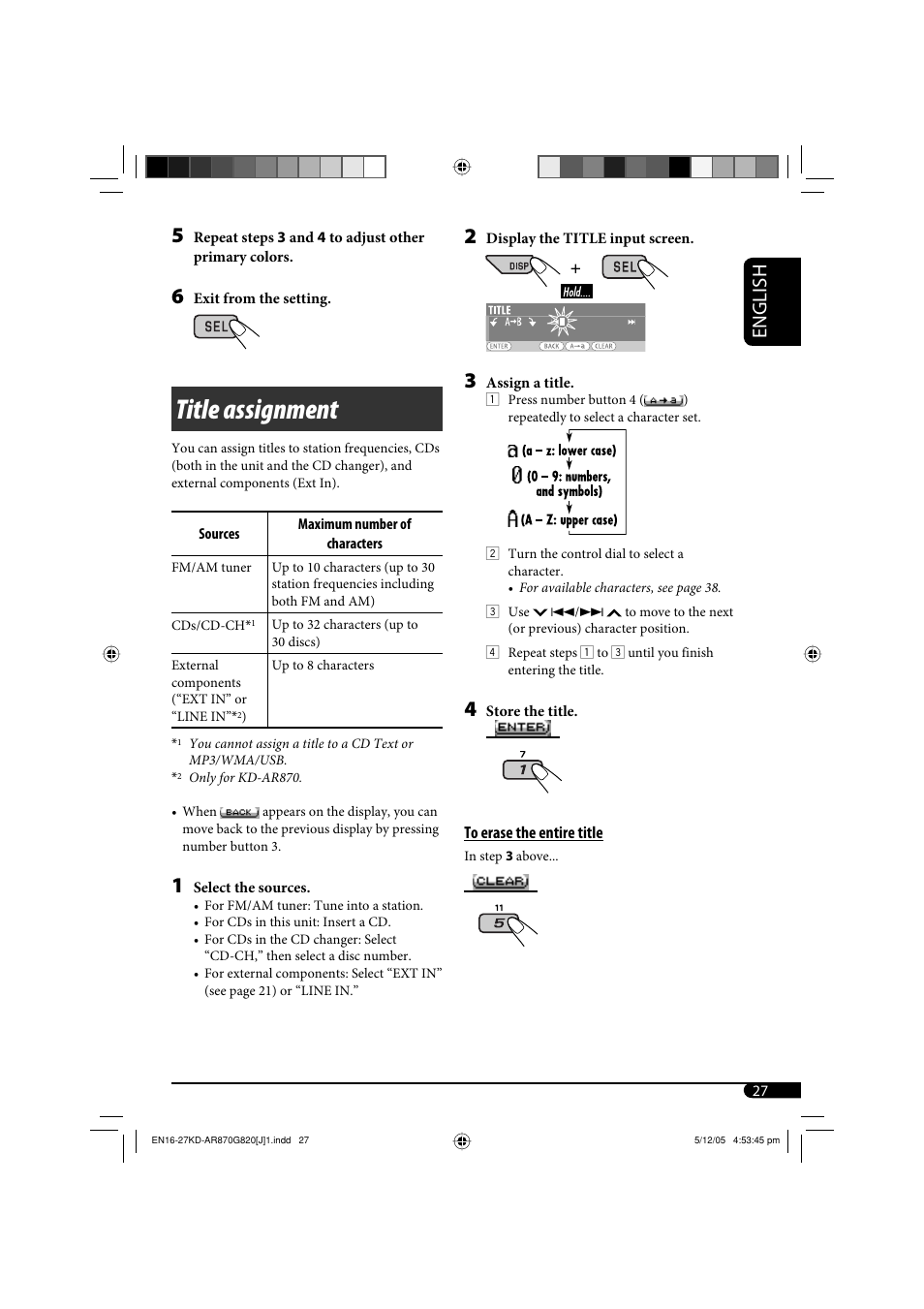 Title assignment, English | JVC KD-AR870 User Manual | Page 27 / 135