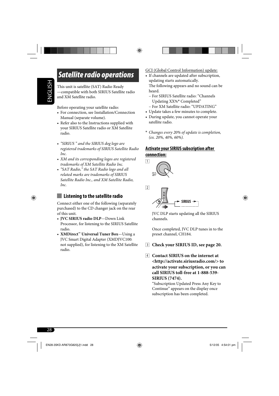 Satellite radio operations, English, Listening to the satellite radio | JVC KD-AR870 User Manual | Page 28 / 135