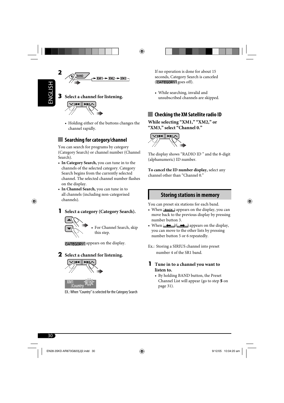 English, Searching for category/channel, Checking the xm satellite radio id | JVC KD-AR870 User Manual | Page 30 / 135