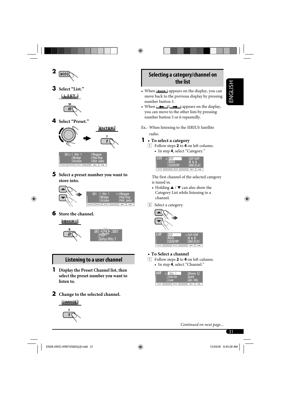 English, Listening to a user channel, Selecting a category/channel on the list | JVC KD-AR870 User Manual | Page 31 / 135