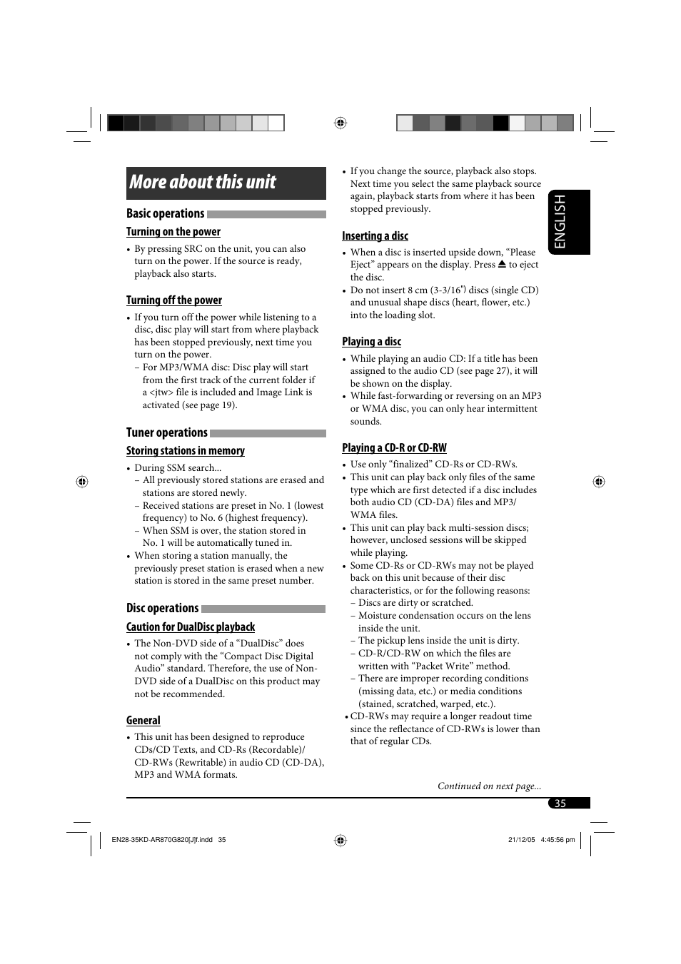 More about this unit, English, Basic operations | Tuner operations, Disc operations | JVC KD-AR870 User Manual | Page 35 / 135