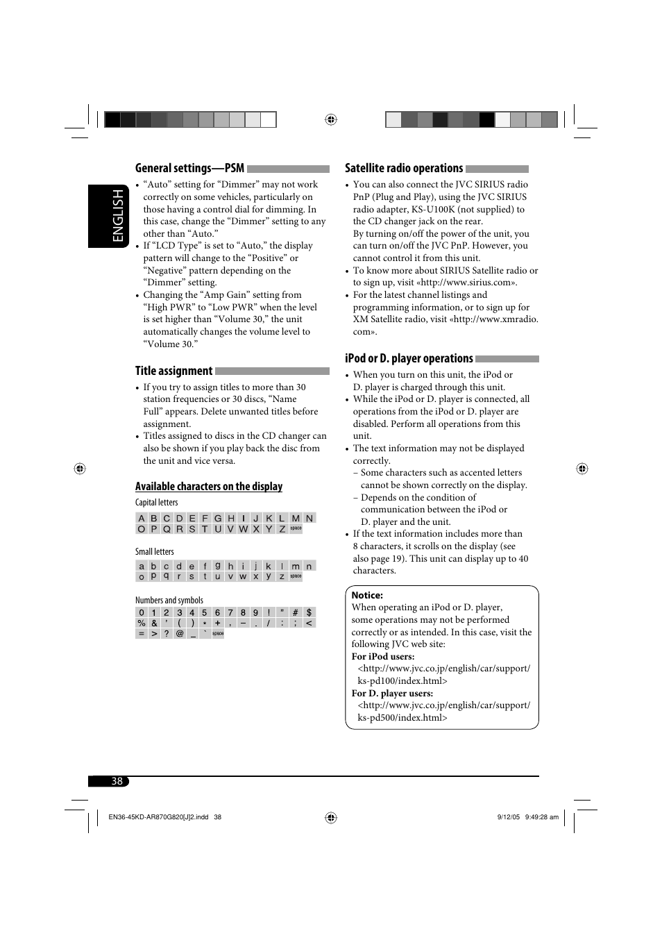 English, Satellite radio operations, Ipod or d. player operations | General settings—psm, Title assignment | JVC KD-AR870 User Manual | Page 38 / 135