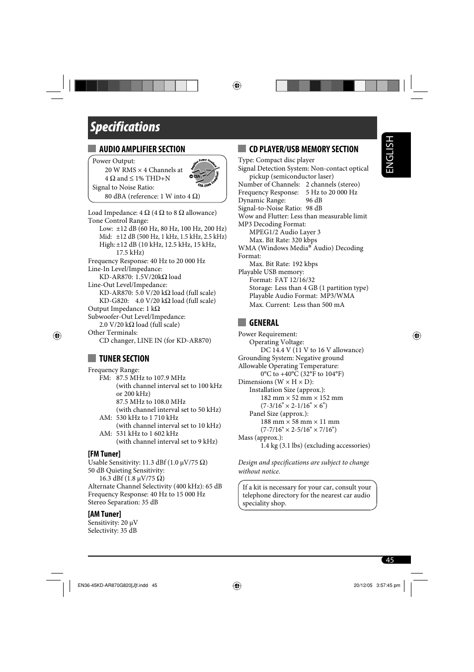 Specifications, English, General | JVC KD-AR870 User Manual | Page 45 / 135