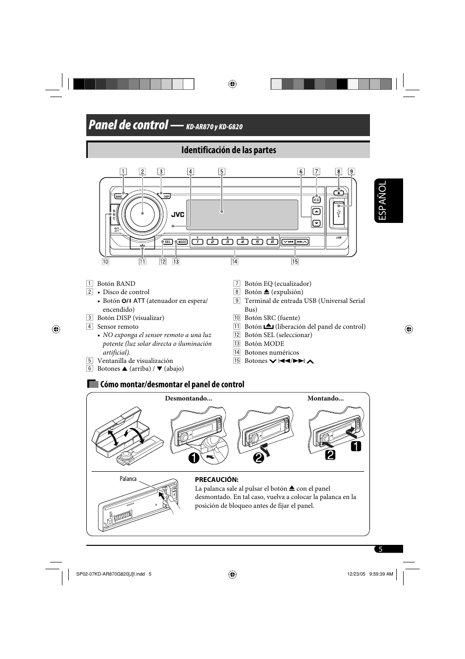 Panel de control, Español, Identificación de las partes | Cómo montar/desmontar el panel de control | JVC KD-AR870 User Manual | Page 49 / 135